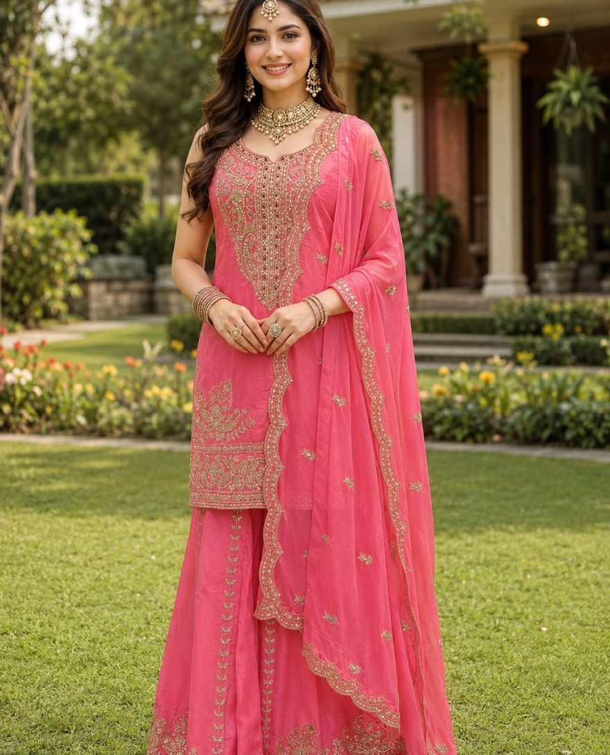2171 - Beads Diamond Embroidered and Sequins Work Silk Palazzo Salwar Suit In Pink Colour